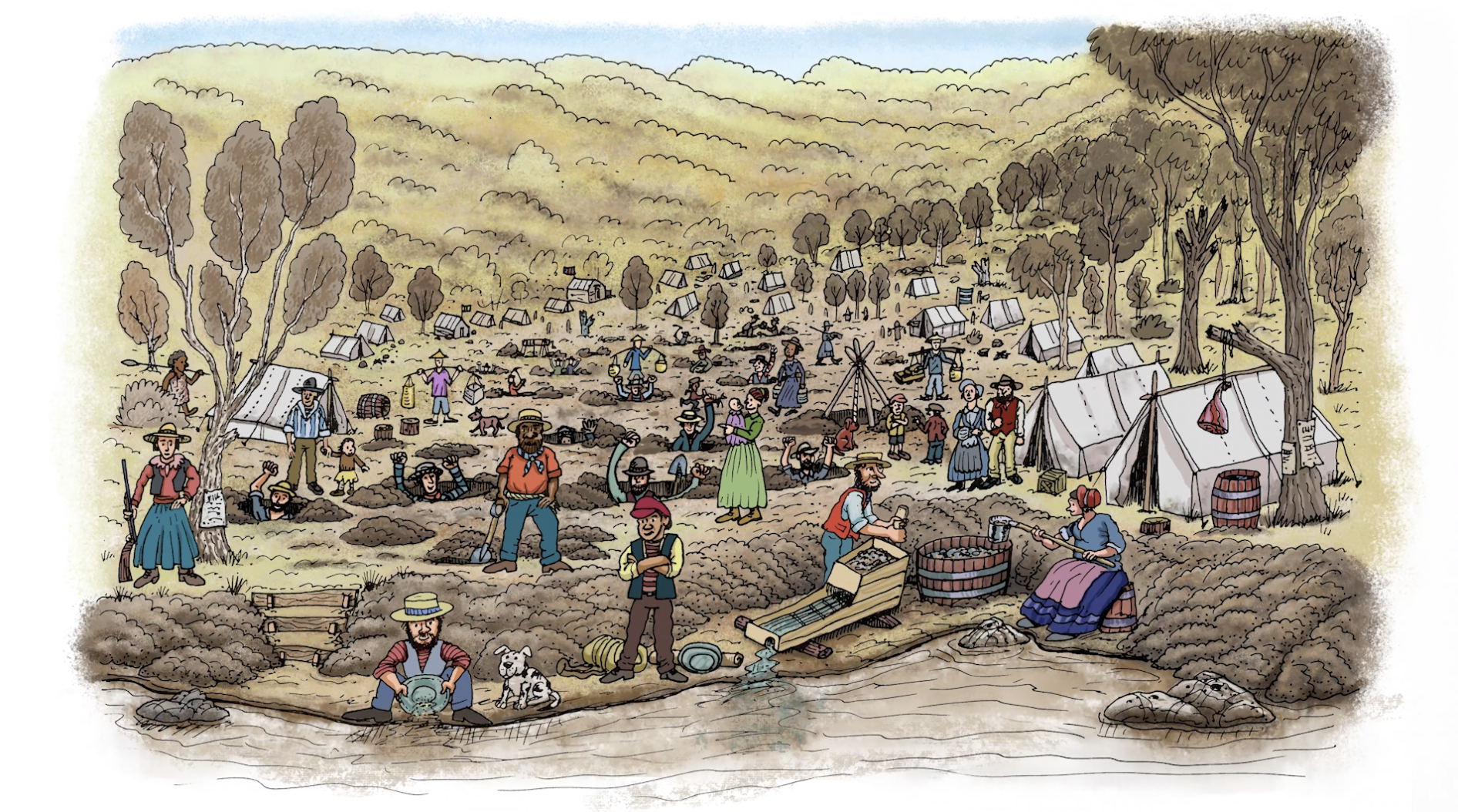 Image of people during the goldrush prospecting for gold